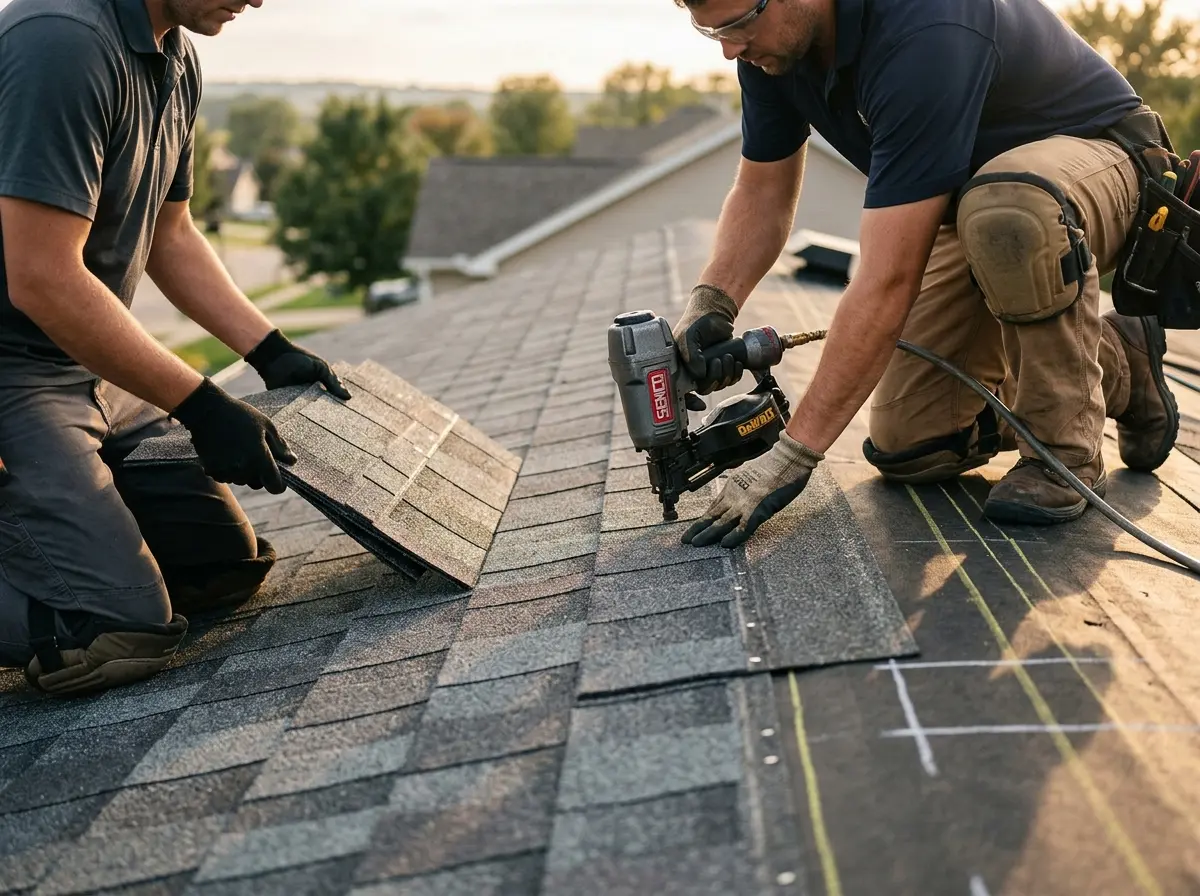 Professional roofer working on a residential roof in Knoxville